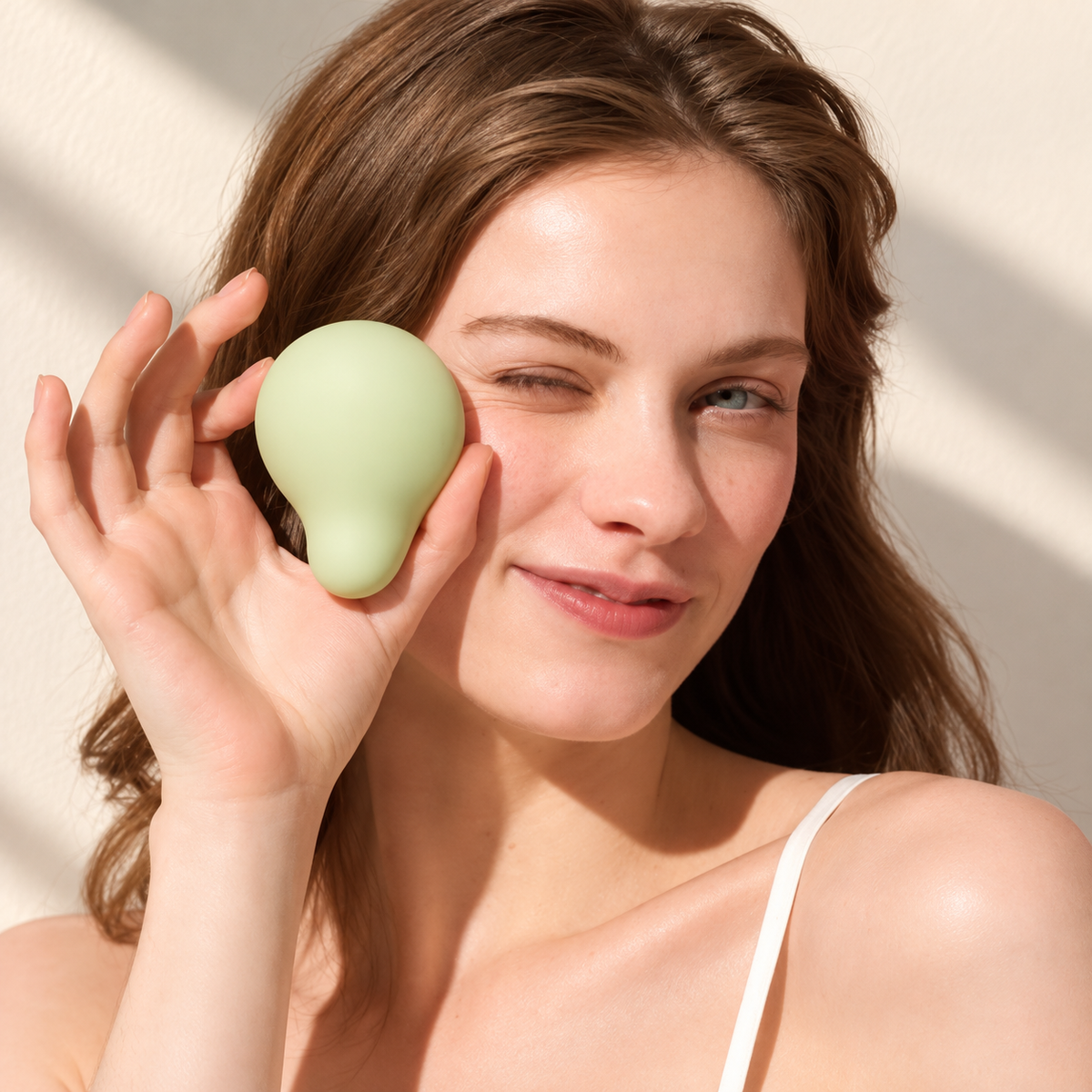 Woman holding the iroha Midori External Vibrator in green, lifestyle photo