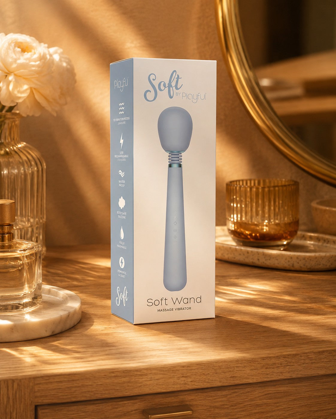 Soft Wand Massage Vibrator in Sky Blue, product box packaging