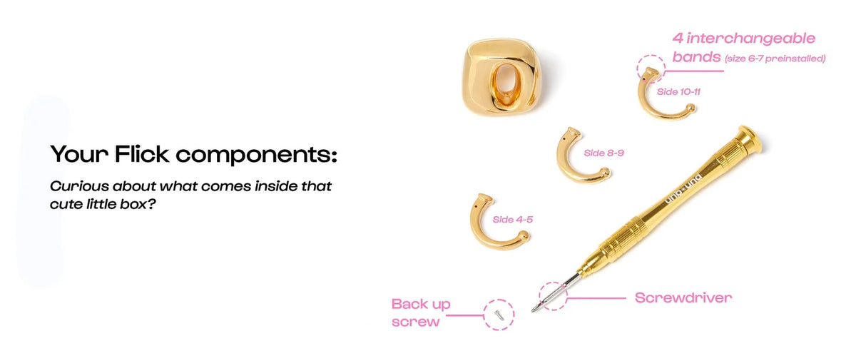 Unbound Flick Wearable Ring Vibrator in gold, product box packaging